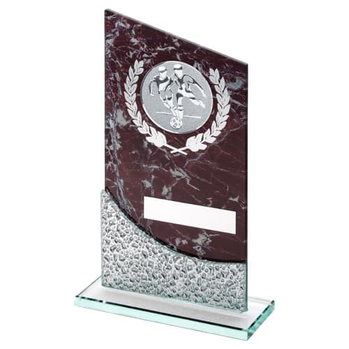 BROWN MARBLE PRINTED GLASS PLAQUE WITH FOOTBALL INSERT AND PLATE - 9in