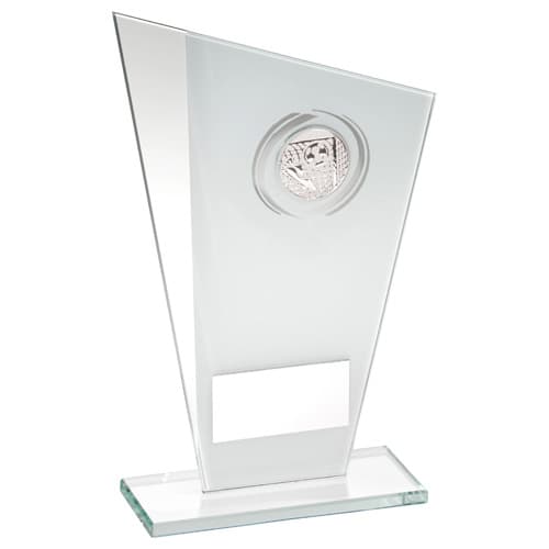 WHITE/SILVER PRINTED GLASS PLAQUE WITH FOOTBALL INSERT AND PLATE - 7.25in