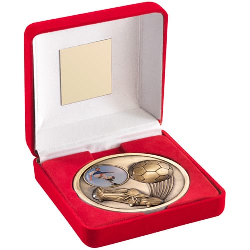 RED VELVET BOX AND 70mm MEDALLION FOOTBALL TROPHY (1