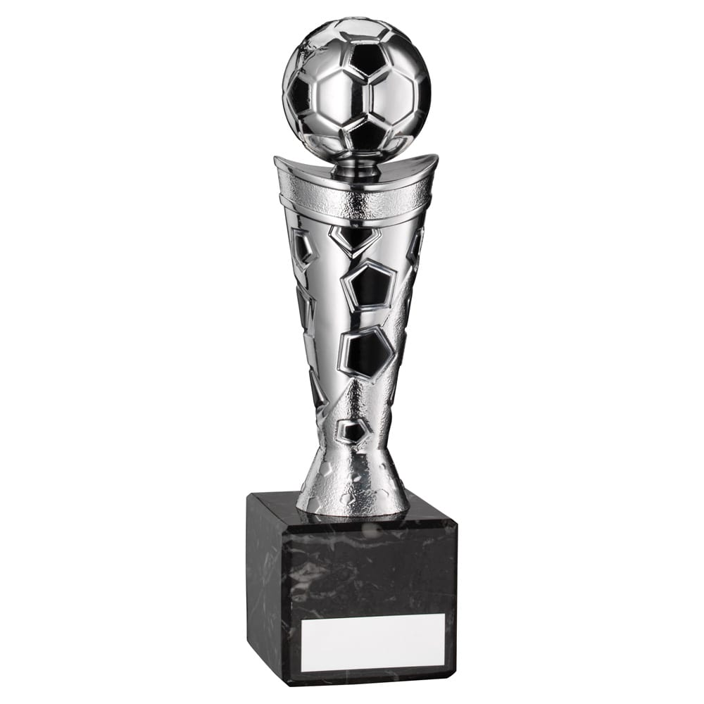 SILVER/BLACK PLASTIC FOOTBALL FIGURE ON BLACK MARBLE TROPHY - 7.25in