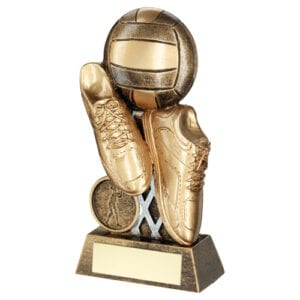 BRZ/GOLD FLATBACK NETBALL TRAINERS AND BALL WITH PLATE (1in CENTRE) - 6in