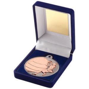 BLUE VELVET BOX AND 50mm NETBALL MEDAL TROPHY MATT SILVER/BRONZE - 3.5in