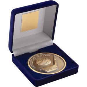 BLUE VELVET BOX AND 70mm MEDALLION GOLF TROPHY ANTIQUE GOLD LONGEST DRIVE - 4