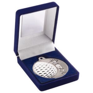 BLUE VELVET BOX AND 50mm GOLF MEDAL TROPHY MATT SILVER/SILVER - 3.5in