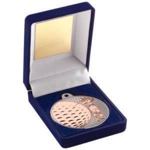 BLUE VELVET BOX AND 50mm GOLF MEDAL TROPHY MATT SILVER/BRONZE - 3.5in