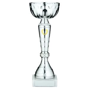 SILVER TROPHY CUP WITH GOLD WREATH AND PLATE - 9.5in