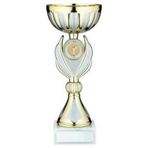 GOLD/MATT SILVER TROPHY CUP WITH PLATE (1in CENTRE) - 11.25in
