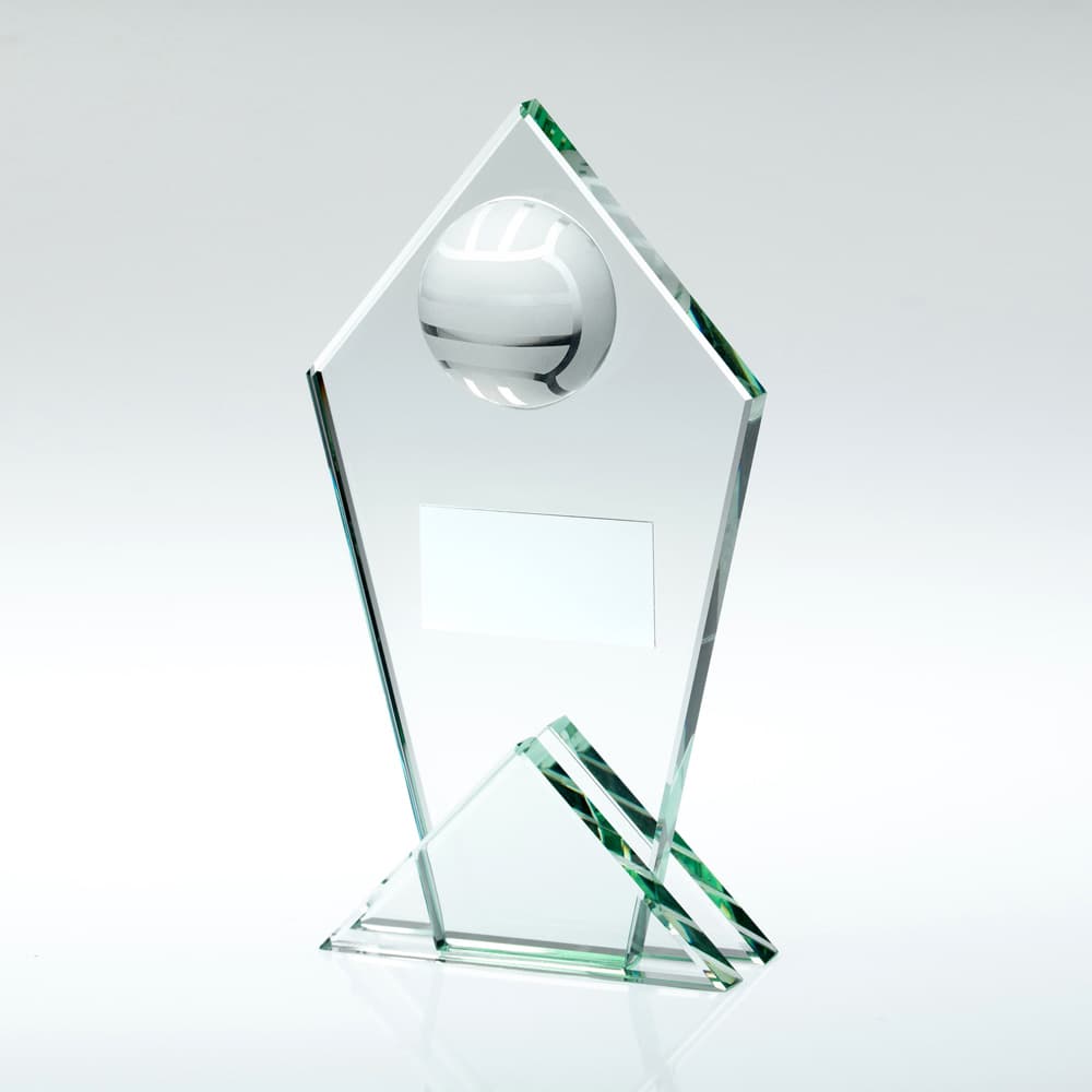JADE GLASS POINTED PLAQUE WITH HALF GAELIC FOOTBALL AND PLATE - 6.75in