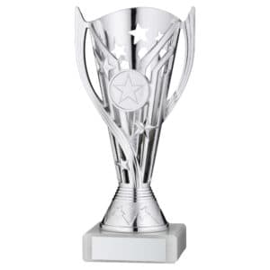 SILVER/BLUE PLASTIC 'FLASH' CUP ASSEMBLED ON MARBLE (1in CEN) - 7in