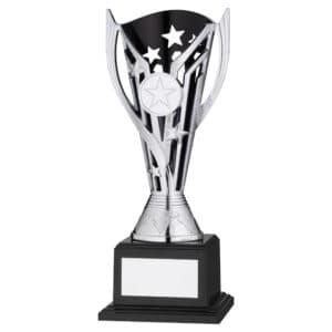 SILVER/BLACK PLASTIC 'FLASH' CUP ON BASE ASSEMBLED TROPHY (1