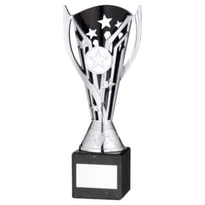 SILVER/BLK PLASTIC 'FLASH' CUP ON BLK MARBLE ASSEMBLED TROPHY (1