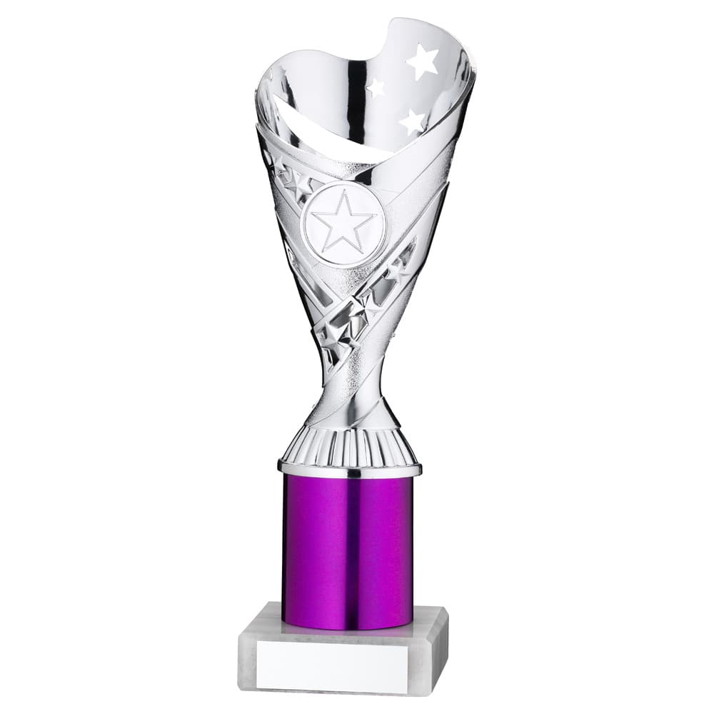 SILVER/PURPLE PLASTIC 'SABRE' CUP ASSEMBLED ON MARBLE (1in CEN) - 10in