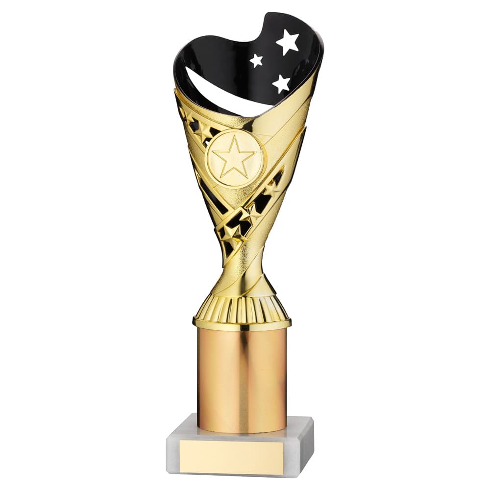 GOLD/BLACK PLASTIC 'SABRE' CUP ASSEMBLED ON MARBLE (1in CEN) - 10in