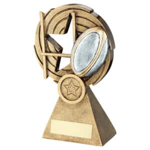 BRZ/PEW/GOLD RUGBY BALL AND POSTS ON HOLED SPIRAL WITH PLATE (1in CEN) - 6in