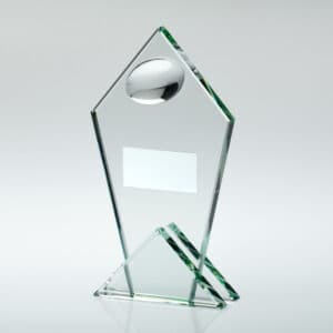 JADE GLASS POINTED PLAQUE WITH HALF RUGBY BALL AND PLATE - 5.75in
