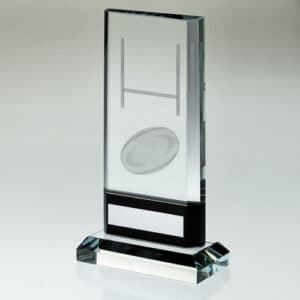 CLEAR/BLACK GLASS WITH LASERED RUGBY IMAGE AND PLATE (15mm THICK) - 8.25in