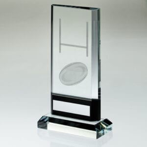 CLEAR/BLACK GLASS WITH LASERED RUGBY IMAGE AND PLATE (15mm THICK) - 6.75in