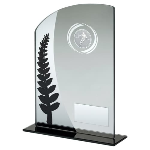 JADE GLASS PLAQUE WITH BLACK/SILVER DETAIL WITH RUGBY INSERT AND PLATE - 8in