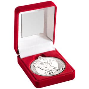 RED VELVET BOX AND 50mm MEDAL RUGBY TROPHY SILVER - 3.5in