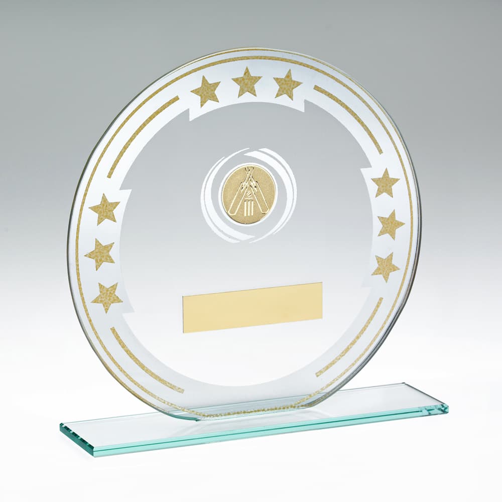 JADE/SILVER/GOLD ROUND GLASS WITH CRICKET INSERT AND PLATE - 5.5in