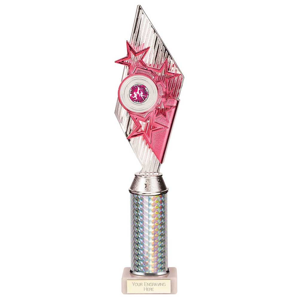Pizzazz Plastic Tube Trophy Silver & Pink 375mm