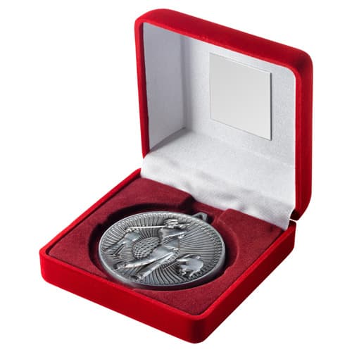 RED VELVET BOX AND 60mm MEDAL GOLF TROPHY ANTIQUE SILVER - 4in