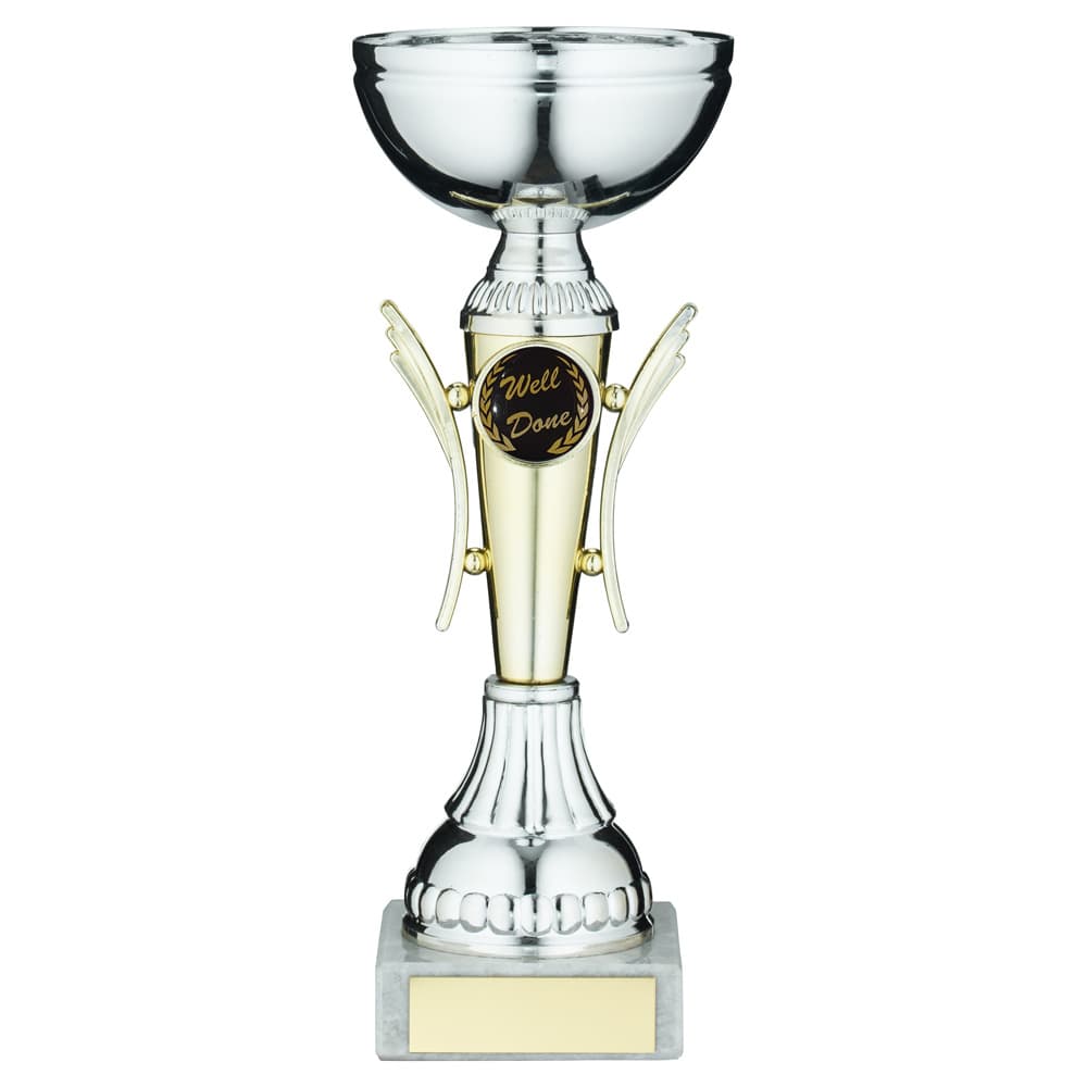 SILVER/GOLD WINGED TROPHY CUP WITH PLATE (1in CENTRE) - 8.25in