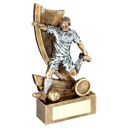 BRZ/PEW/GOLD MALE FOOTBALL FIGURE ON SWOOSH BACKDROP WITH PLATE(1in CEN) - 6"