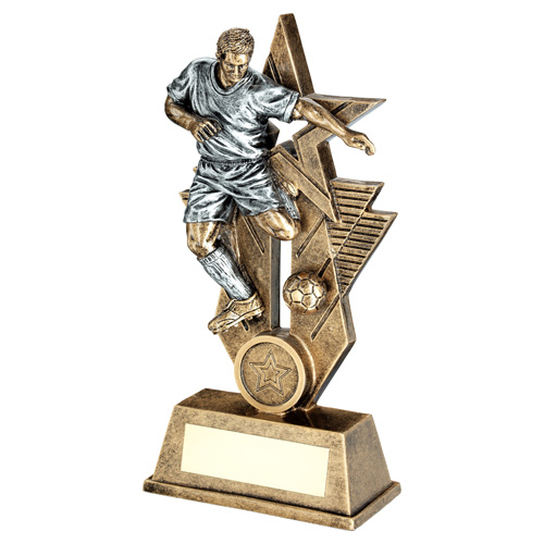 BRZ/PEW/GOLD MALE FOOTBALL FIGURE ON STAR BACKDROP WITH PLATE (1in CENTRE) - 8"