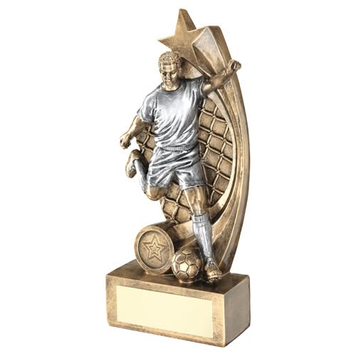 BRZ/PEW MALE FOOTBALL FIGURE ON STAR NET BACKING WITH PLATE (1in CENTRE) - 6"