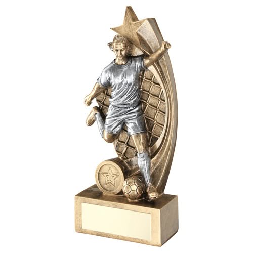BRZ/PEW FEMALE FOOTBALL FIGURE ON STAR NET BACKING WITH PLATE (1in CEN) - 10.5in