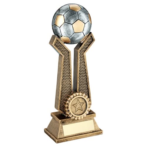BRZ/PEW/GOLD FOOTBALL ON TWIN PRONGS WITH PLATE (1in CENTRE) - 6in