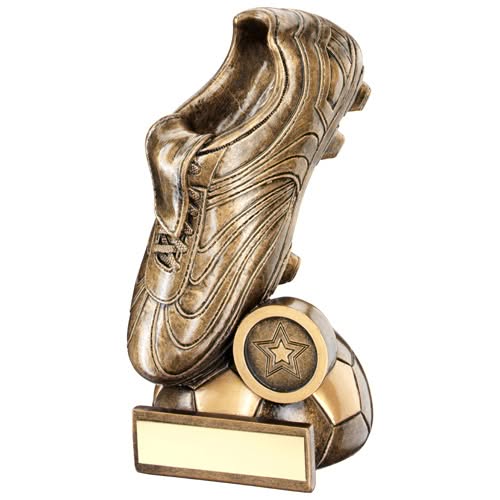 BRZ/GOLD FOOTBALL BOOT ON HALF BALL BASE WITH PLATE (1in CENTRE) - 8.5in