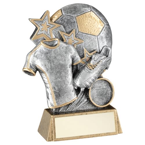 PEW/GOLD FOOTBALL WITH BOOT AND SHIRT ON BRZ BASE WITH PLATE (1in CEN) - 5.25"