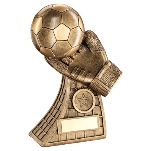 BRZ/GOLD FOOTBALL AND GOALKEEPER GLOVE ON NET BASE WITH PLATE (1in CEN) - 7.25in
