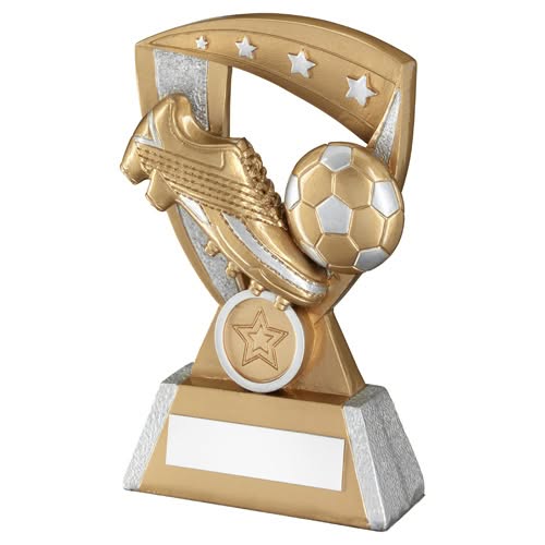 GOLD/SILVER FOOTBALL AND BOOT ON 4 STAR SHIELD WITH PLATE (1in CENTRE) - 8in