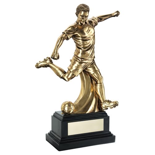 ANTIQUE GOLD PREMIUM MALE FOOTBALL FIGURE ON BLACK BASE WITH PLATE - 14in