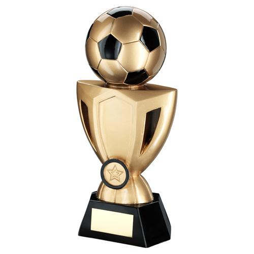 GOLD/BLACK FOOTBALL ON CUP RISER WITH PLATE   (1in CENTRE) - 8in