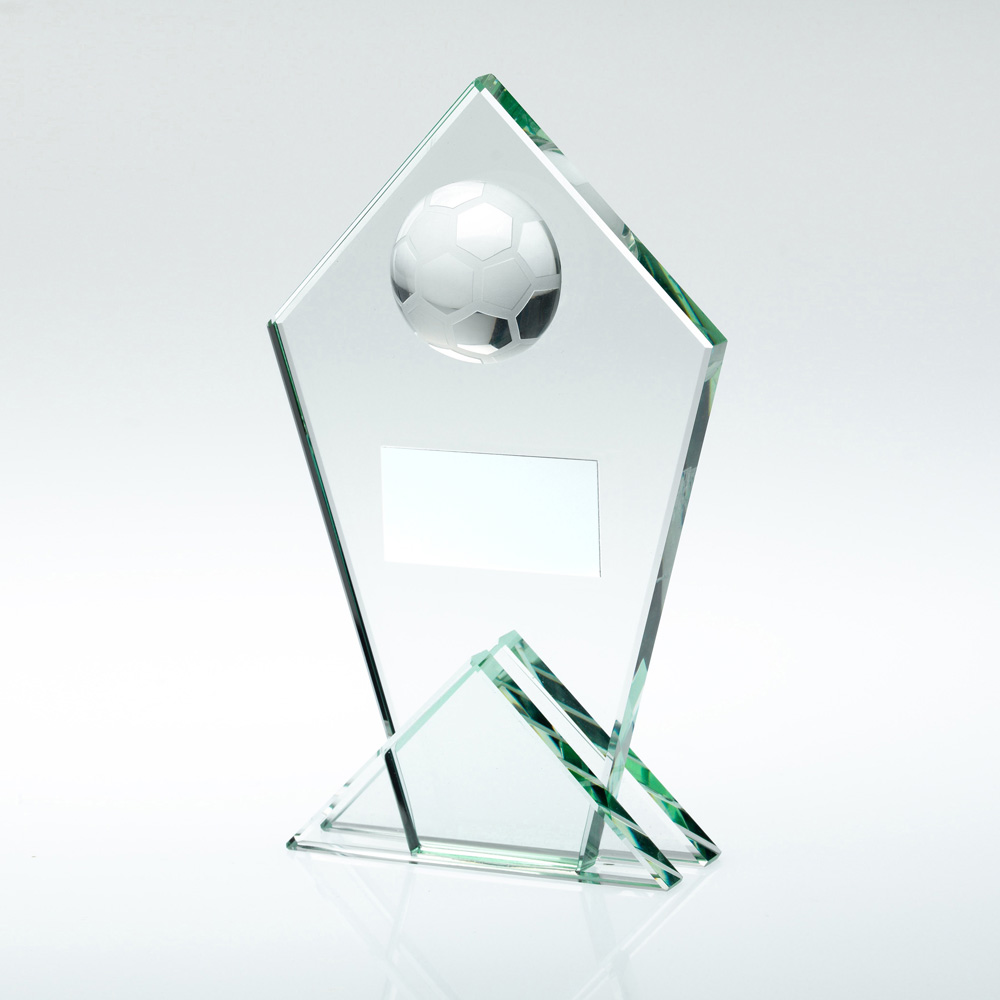 JADE GLASS POINTED PLAQUE WITH HALF FOOTBALL AND PLATE - 8.5in