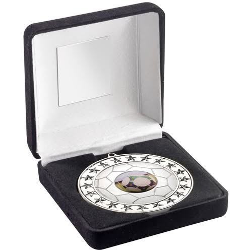 BLACK VELVET BOX AND 70mm FOOTBALL MEDAL TROPHY (1in CENTRE) SILVER - 4in