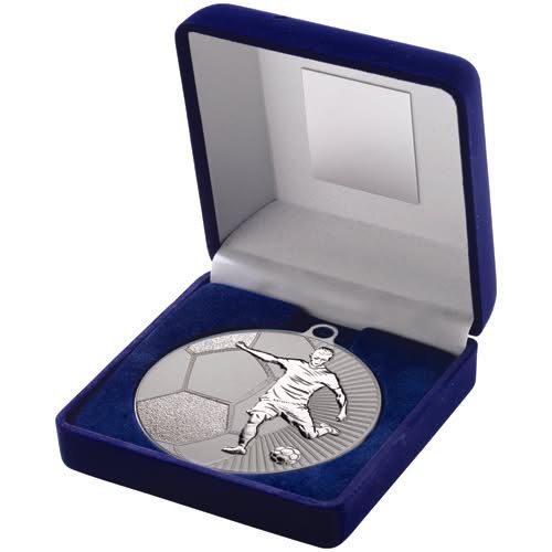 BLUE VELVET BOX AND 70mm FOOTBALL MEDAL TROPHY MATT SILVER/SILVER - 4in