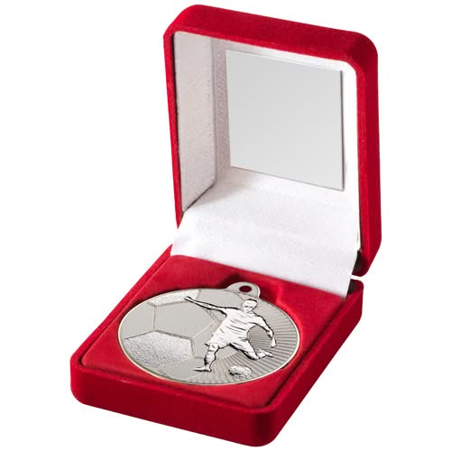 RED VELVET BOX AND 50mm FOOTBALL MEDAL TROPHY MATT SILVER/SILVER - 3.5in