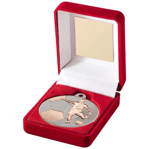 RED VELVET BOX AND 50mm FOOTBALL MEDAL TROPHY MATT SILVER/BRONZE - 3.5in