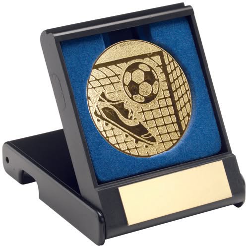 BLACK PLASTIC BOX WITH FOOTBALL INSERT TROPHY GOLD - 3.5in