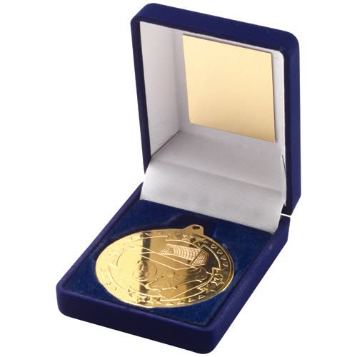 BLUE VELVET BOX AND 50mm MEDAL FOOTBALL TROPHY GOLD - 3.5in