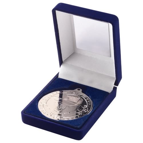 BLUE VELVET BOX AND 50mm MEDAL FOOTBALL TROPHY SILVER - 3.5in