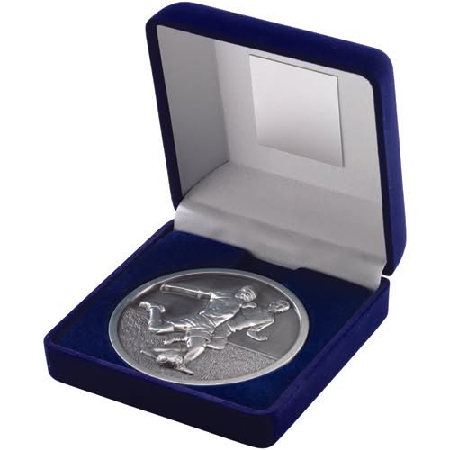 BLUE VELVET BOX AND 70mm MEDALLION FOOTBALL TROPHY ANTIQUE SILVER - 4in