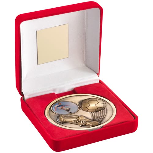 RED VELVET BOX AND 70mm MEDALLION FOOTBALL TROPHY (1" CEN) ANTIQUE GOLD - 4in