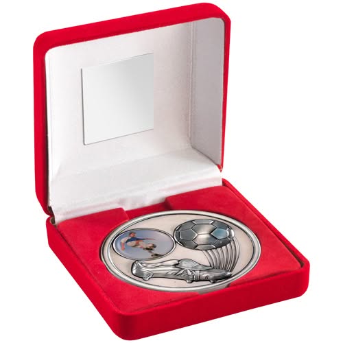 RED VELVET BOX AND 70mm MEDALLION FOOTBALL TROPHY (1" CEN) ANTIQUE SILV - 4in