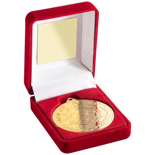RED VELVET BOX AND 50mm 'M.O.T.M'  MEDAL TROPHY GOLD - 3.5in